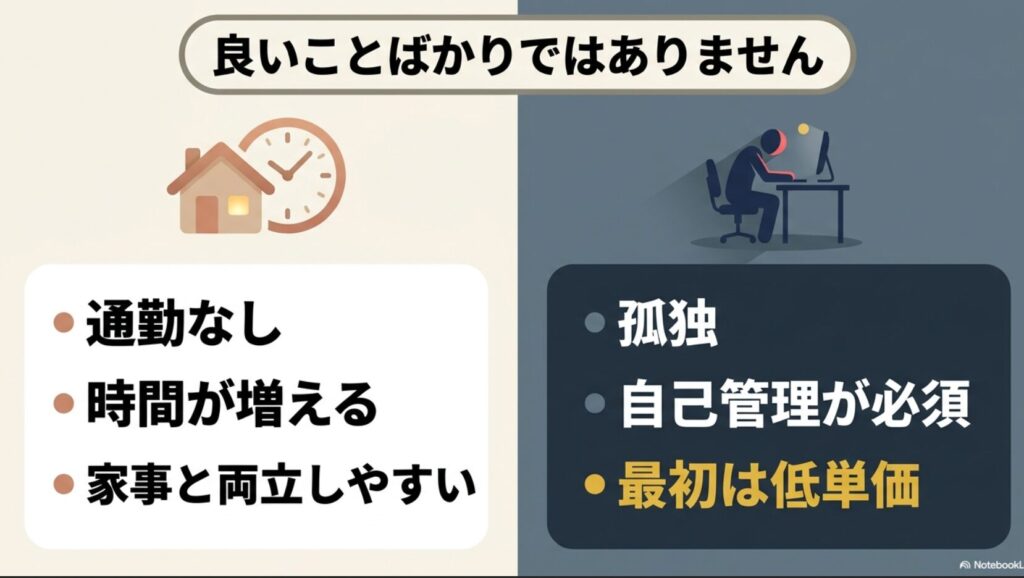 在宅ワークのメリットとデメリットを筆者の体験談から徹底解説 : 在宅ワークは良いことばかりではなく 、通勤なしや家事と両立しやすい反面 、孤独や自己管理が必須であることをまとめた図 。最初は低単価であることも記載されている 。