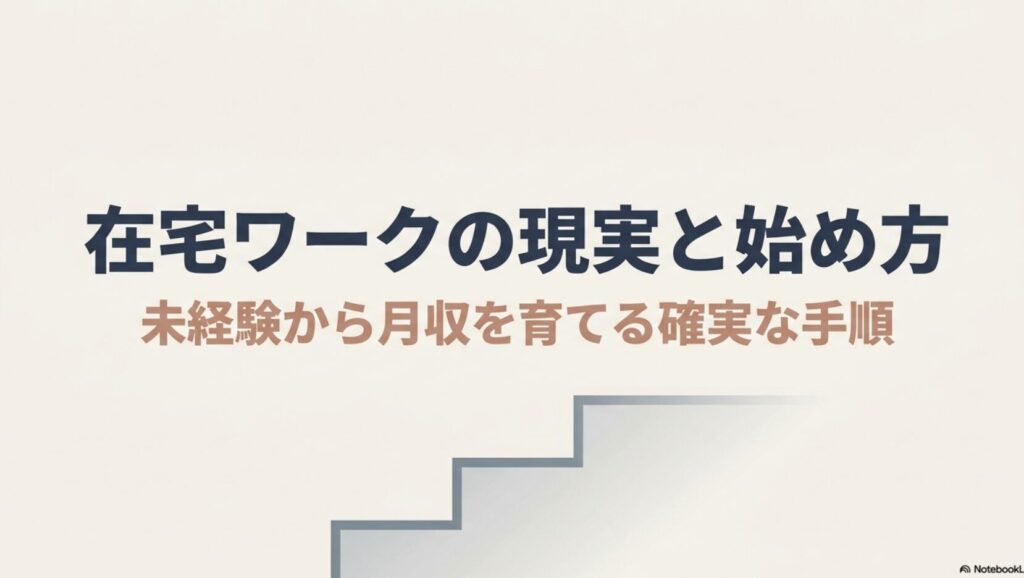 在宅ワークのメリットとデメリットを筆者の体験談から徹底解説 : 在宅ワークの現実と始め方 。未経験から月収を育てる確実な手順を示したタイトルスライド 。