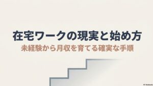 在宅ワークのメリットとデメリットを筆者の体験談から徹底解説 : 在宅ワークの現実と始め方 。未経験から月収を育てる確実な手順を示したタイトルスライド 。