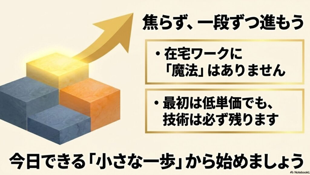 在宅ワークのメリットとデメリットを筆者の体験談から徹底解説 : 焦らず一段ずつ進もう 。在宅ワークに魔法はないため 、最初は低単価でも今日できる小さな一歩から始めることを促すまとめのスライド 。