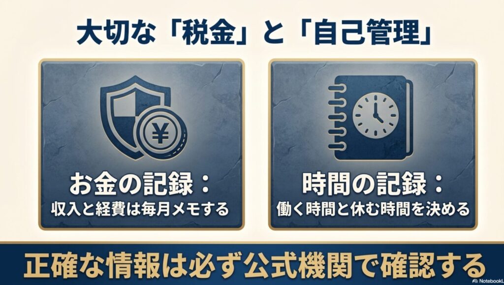 在宅ワークのメリットとデメリットを筆者の体験談から徹底解説 : 大切な税金と自己管理 。収入と経費を毎月メモするお金の記録と 、働く時間と休む時間を決める時間の記録の重要性 。正確な情報は必ず公式機関で確認する 。