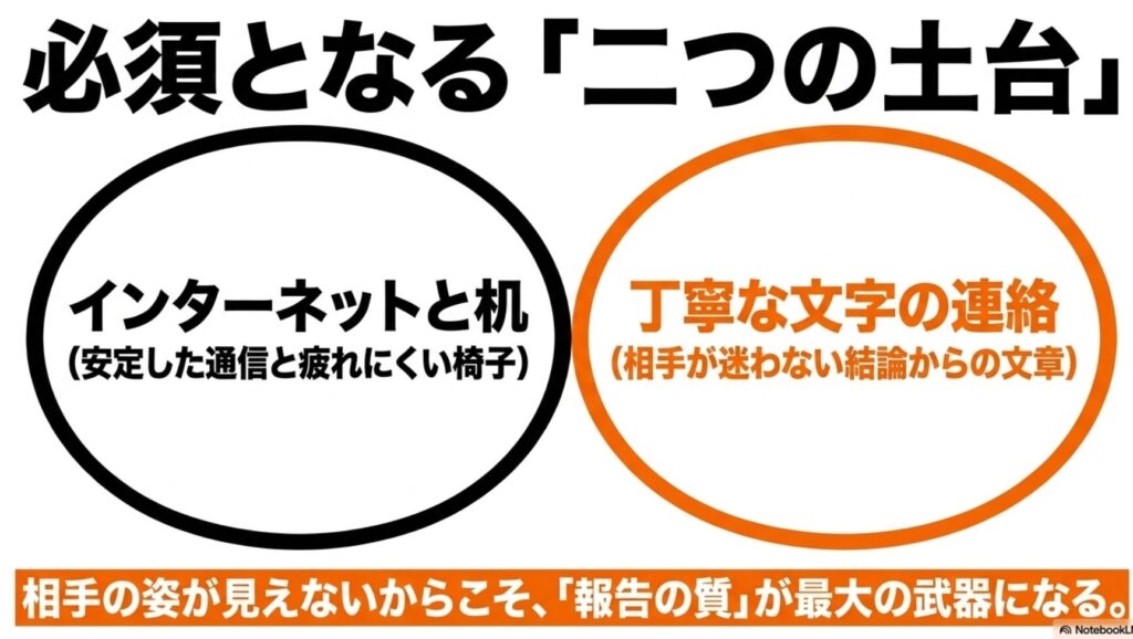 在宅ワークに向いてる人・向かない人を経験者が徹底解説 : 在宅ワークに必須となる「二つの土台」として 、安定した通信と疲れにくい椅子であるインターネットと机 、相手が迷わない結論からの丁寧な文字の連絡 を挙げ、相手の姿が見えないからこそ報告の質が最大の武器になる  ことを示すスライド。