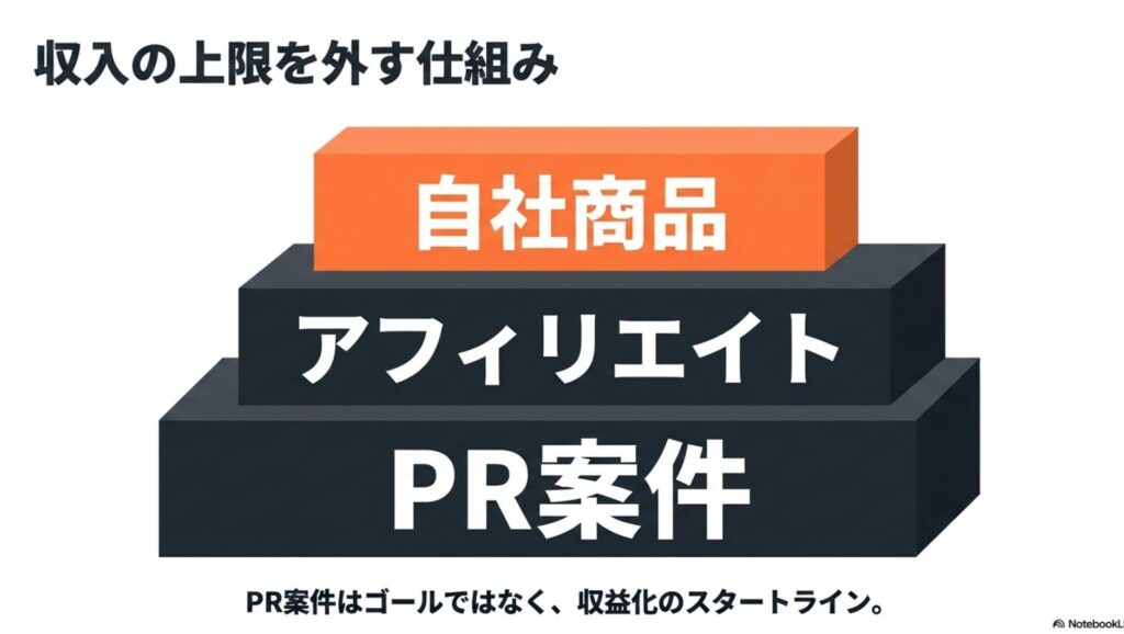 インスタのPR案件の報酬相場はいくら？案件獲得のコツ完全版 : PR案件をスタートラインとし、アフィリエイト、自社商品へと収入の上限を外すステップの図解