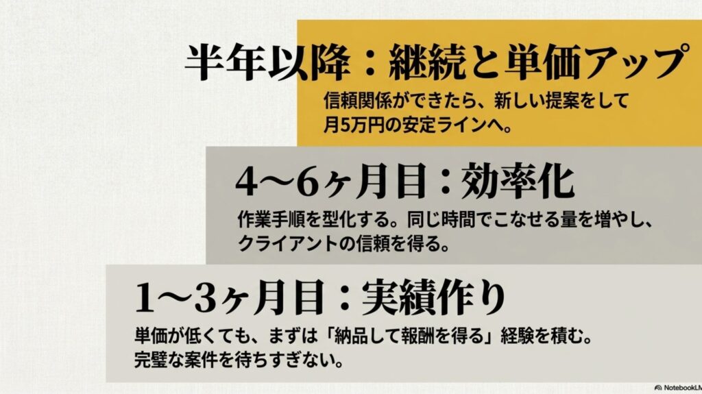在宅ワークできる仕事は何がある？おすすめ職種と仕事内容 : 1から3ヶ月目は実績作り、4から6ヶ月目は効率化、半年以降は継続と単価アップで月5万円の安定ラインを目指すロードマップ 。