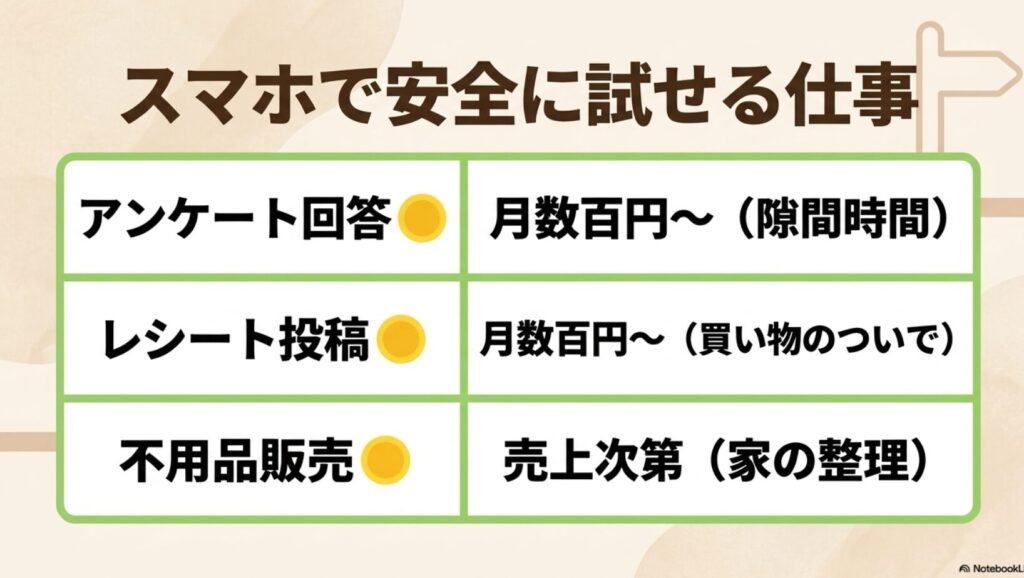 在宅ワークを主婦がデータ入力から未経験で開始│スマホの体験談 : アンケート回答、レシート投稿、不用品販売など、スマホで安全に試せる仕事一覧