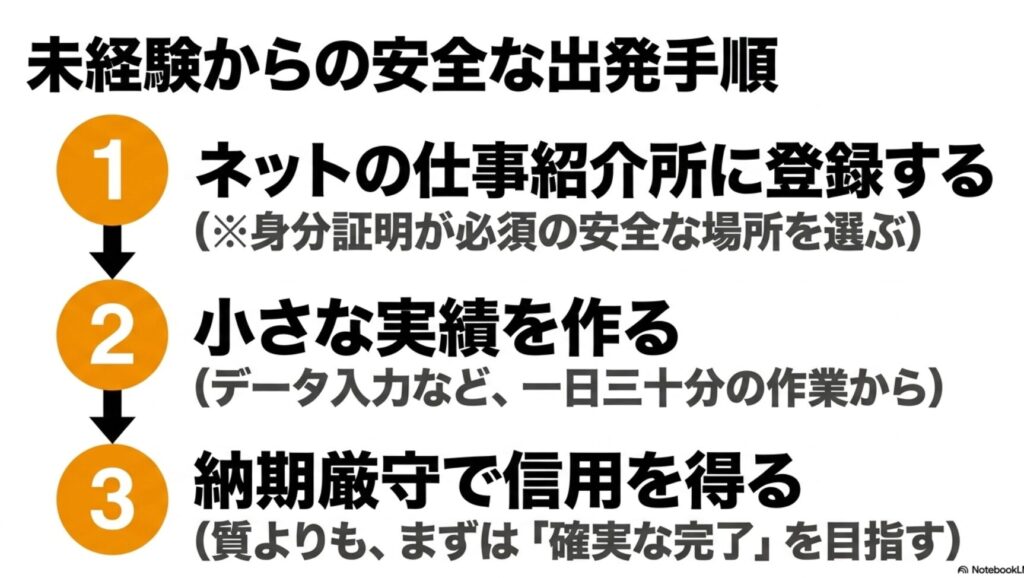 在宅ワークに向いてる人・向かない人を経験者が徹底解説 : 未経験からの安全な出発手順として 、1.身分証明が必須のネットの仕事紹介所に登録する 、2.一日三十分のデータ入力などから小さな実績を作る 、3.質より確実な完了を目指し納期厳守で信用を得る  という3ステップの図。