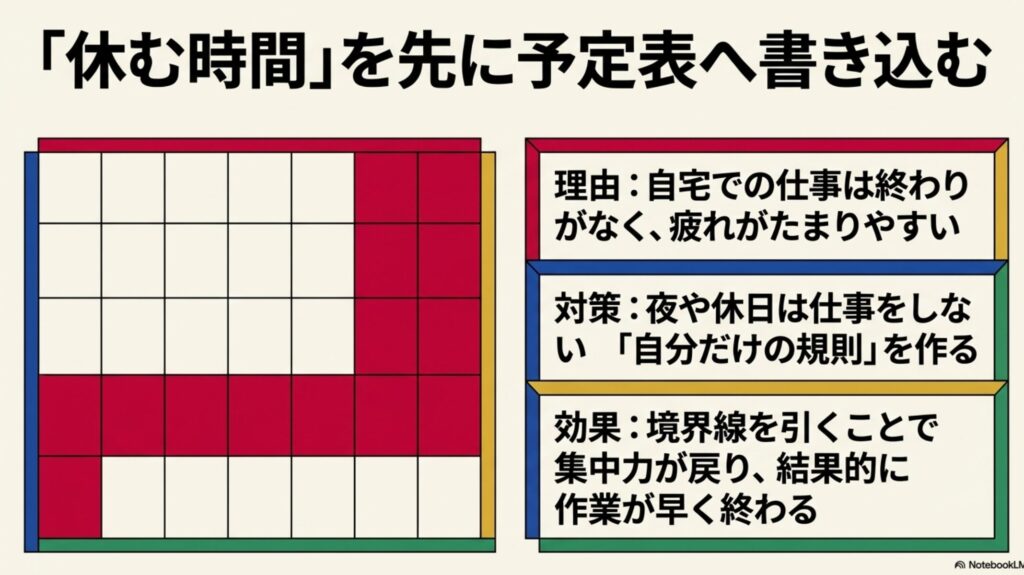 フリーランスの1日のスケジュール実例と収入アップ術 : 在宅ワークの疲れを防ぐため、境界線を引いて休む時間を先に予定表へ書き込む