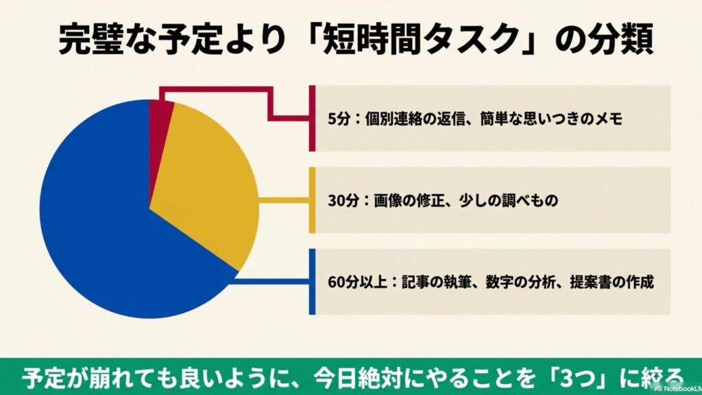 フリーランスの1日のスケジュール実例と収入アップ術 : 完璧な予定より短時間タスクの分類。5分、30分、60分以上と作業にかかる時間でタスクを分ける