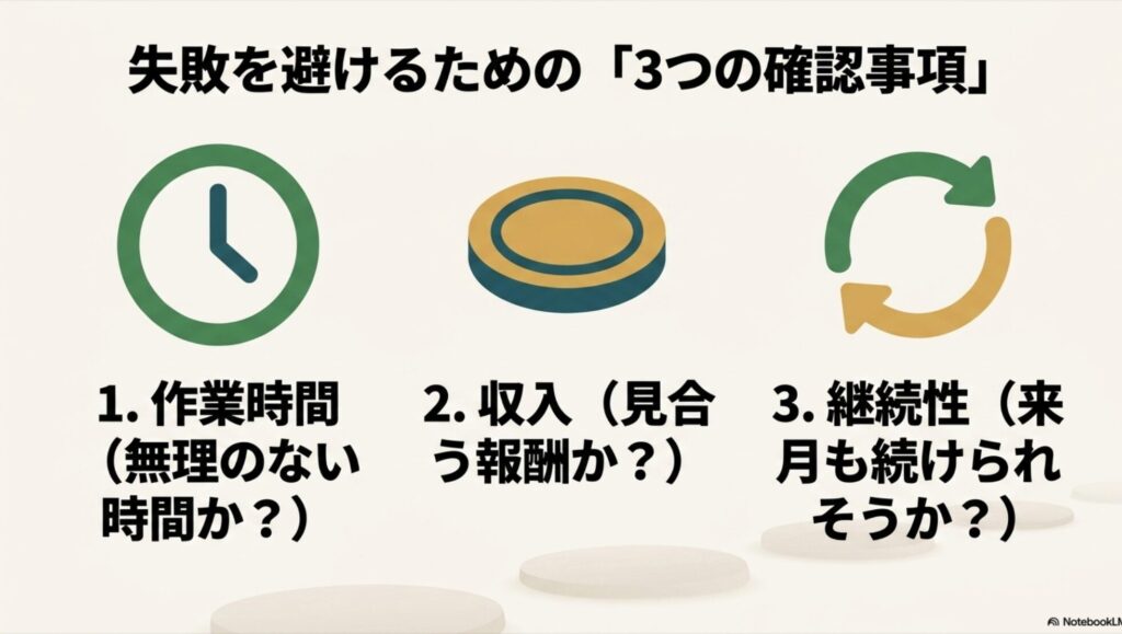 フリーランスになるには何から始める？未経験から在宅で稼ぐ方法 : 失敗を避けるための「3つの確認事項」 。1.作業時間（無理のない時間か？） 、2.収入（見合う報酬か？） 、3.継続性（来月も続けられそうか？）  をまとめたサイクル図。