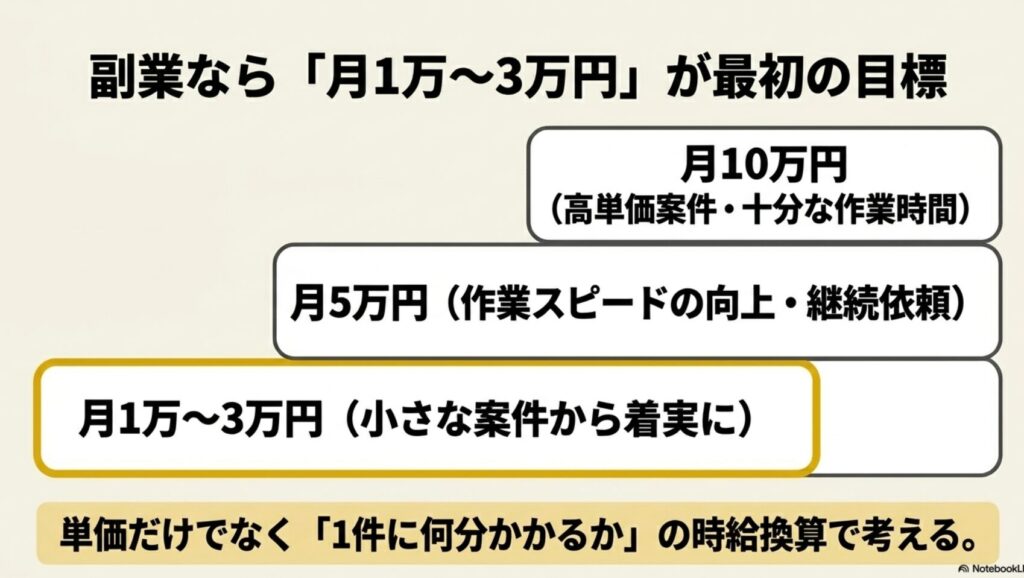 データ入力とはどんな仕事内容?何をする仕事か体験談で解説 : 在宅データ入力の収入目標ピラミッド。月1万〜3万円の小さな案件から着実に始め、月5万円、月10万円とステップアップしていく図。時給換算で考えることが重要。