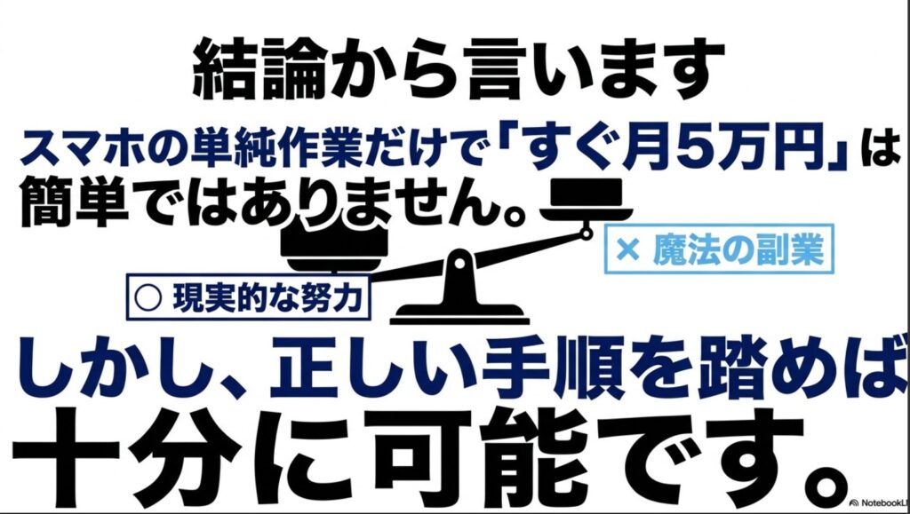 月3万・月5万を狙う副業│データ入力をスマホのみで在宅の隙間時間に : スマホの単純作業だけで月5万円は簡単ではないが正しい手順なら可能であることを示すスライド