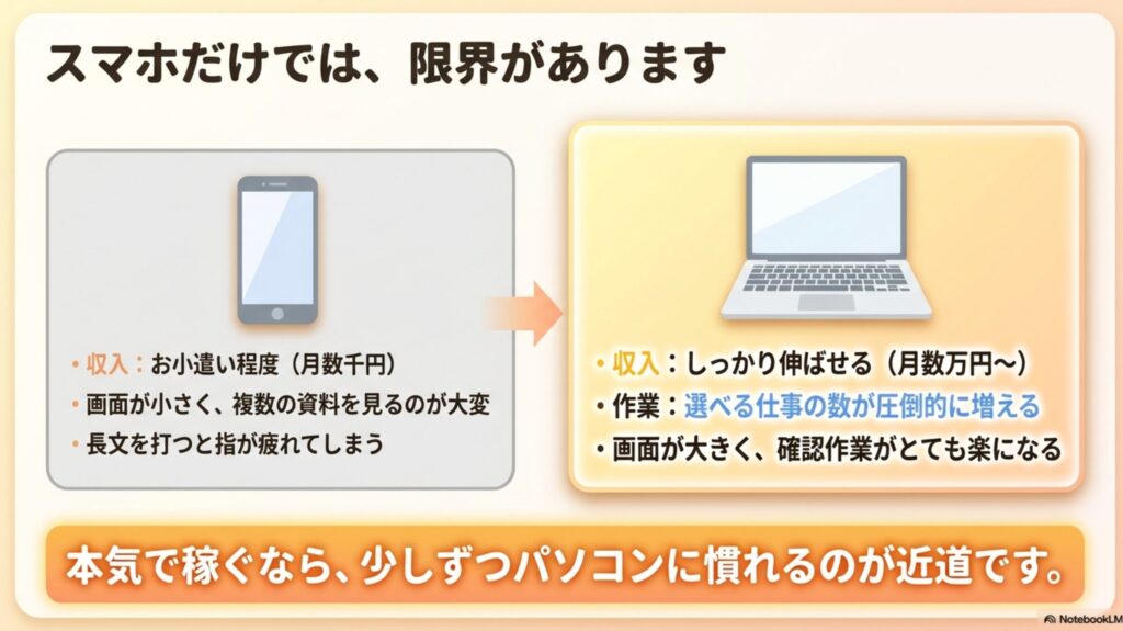 データ入力でパソコンができない人の稼ぎ方と安全な在宅副業の始め方 : スマホだけでは収入や作業効率に限界があるため、本気で稼ぐなら少しずつパソコンに慣れるのが近道であるという解説