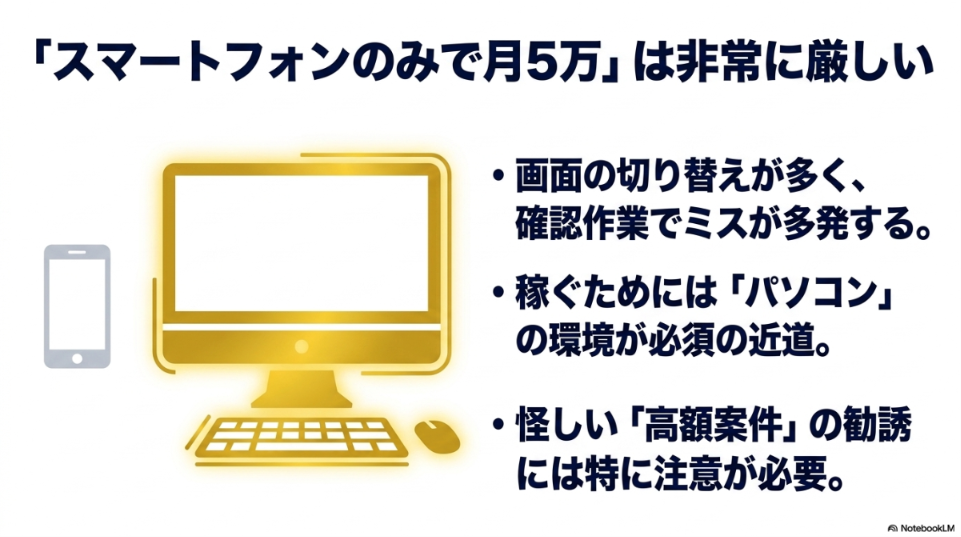 データ入力のバイトをやってみた│副業で月10万稼げない理由と対策：スマートフォンのみで月5万円稼ぐのが厳しい理由。画面切り替えによるミス多発、稼ぐにはパソコン環境が必須、高額案件の勧誘に注意
