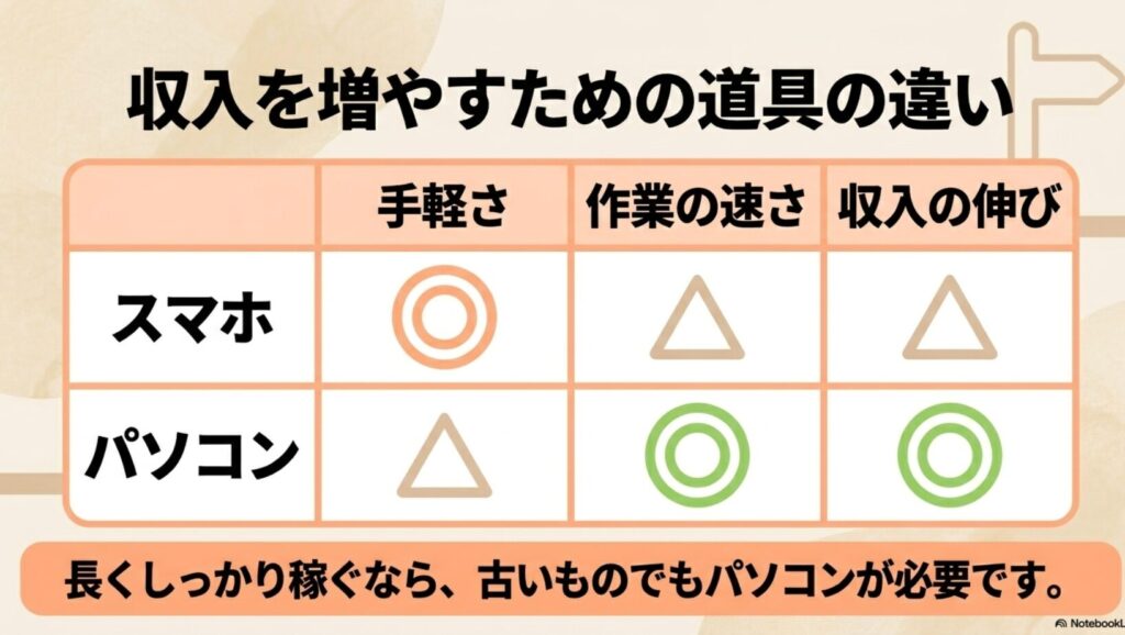 在宅ワークを主婦がデータ入力から未経験で開始│スマホの体験談 : スマホとパソコンの手軽さ、作業の速さ、収入の伸びの比較。長くしっかり稼ぐならパソコンが必要。