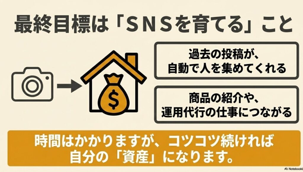iPadでできる副業は?初心者におすすめをYUMIの体験談で解説 : 最終目標はSNSを育てること。過去の投稿が自動で人を集め、商品の紹介や運用代行の仕事につながる資産になる仕組み 。