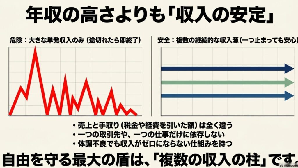 ノマドワーカーはやめとけ?現実と末路を経験者が本音で徹底解説 : 大きな単発収入のみの不安定なグラフと、複数の継続的な収入源を持つ安定したグラフを比較し、収入の安定の重要性を示した図
