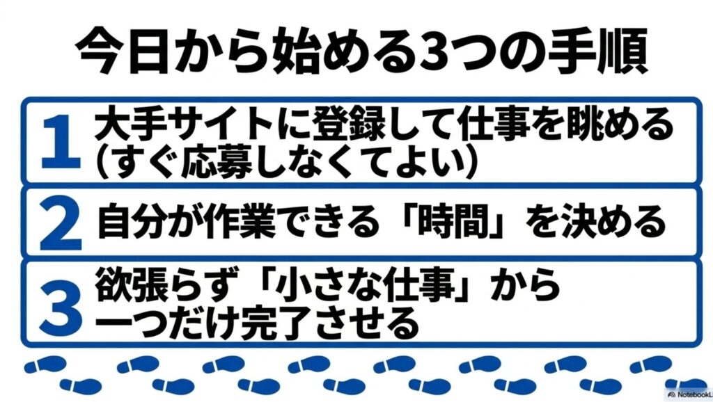 月3万・月5万を狙う副業│データ入力をスマホのみで在宅の隙間時間に : 大手サイト登録と作業時間の決定と小さな仕事を1つ完了させるという3つの手順