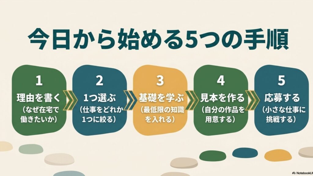 フリーランスになるには何から始める？未経験から在宅で稼ぐ方法 : 今日から始める5つの手順 。1.理由を書く 、2.1つ選ぶ 、3.基礎を学ぶ 、4.見本を作る 、5.応募する  という実践に向けた具体的なロードマップ。