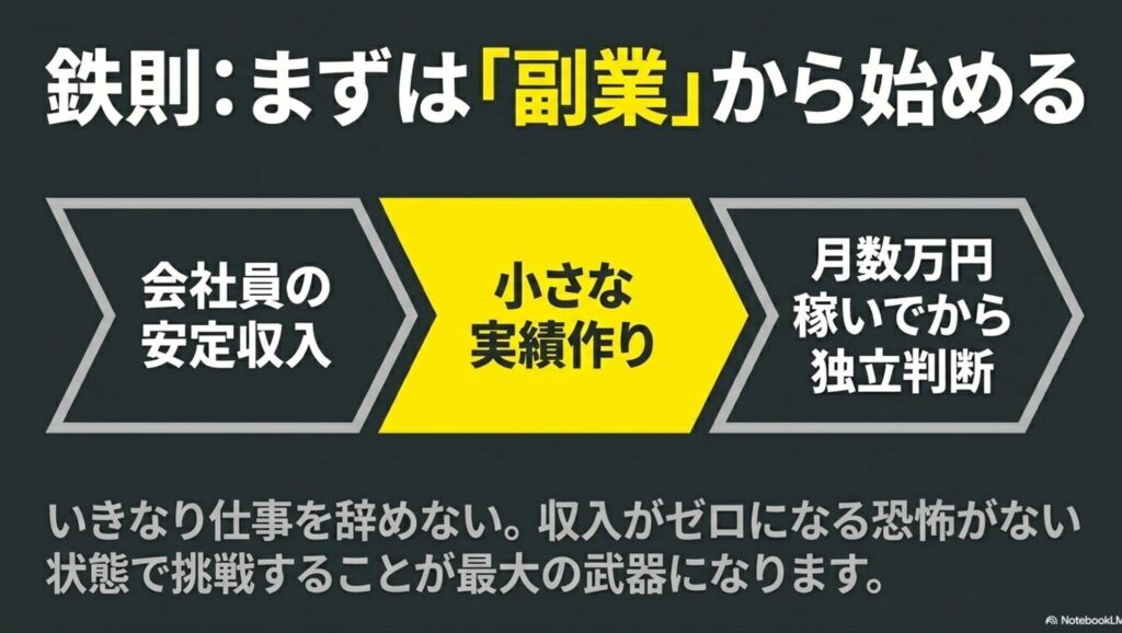 【絶望】20代後半でフリーランスを始めた現実を実体験で解説 : 会社員の安定収入を保ちながら小さな実績を作り、月数万円稼いでから独立判断をするという鉄則を示す図