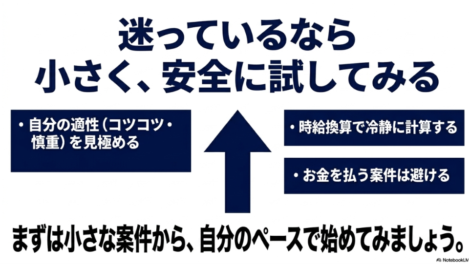 データ入力はやめとけ?楽すぎ?向いてない人:迷っているなら、自分の適性を見極め、時給換算で冷静に計算し、お金を払う案件を避けて、まずは小さな案件から自分のペースで安全に試すことを勧めるまとめのスライド。