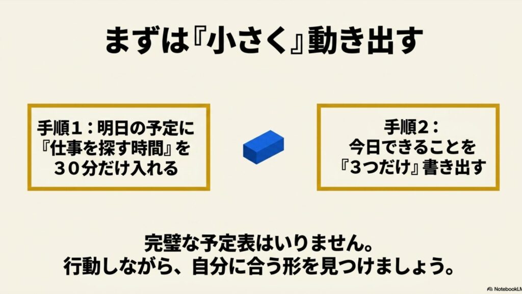 フリーランスの1日のスケジュール実例と収入アップ術 : まずは小さく動き出す手順。明日の予定に仕事を探す時間を30分入れ、今日できることを3つだけ決める