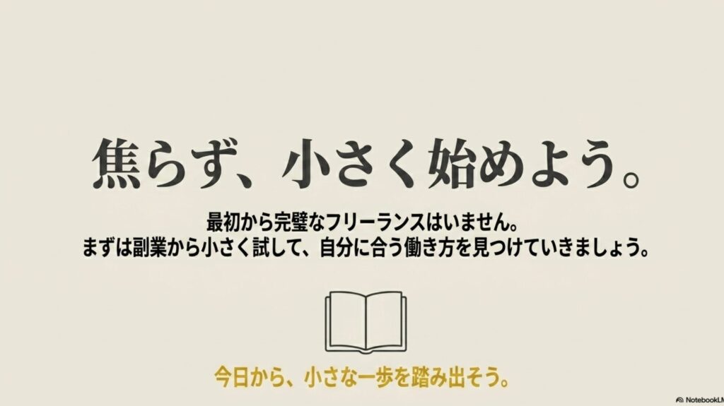 フリーランスに向いてる人と向かない人を実体験でわかりやすく診断 : 最初から完璧なフリーランスはいないため、まずは副業から小さく試して自分に合う働き方を見つけることを促すメッセージと本のイラスト 。