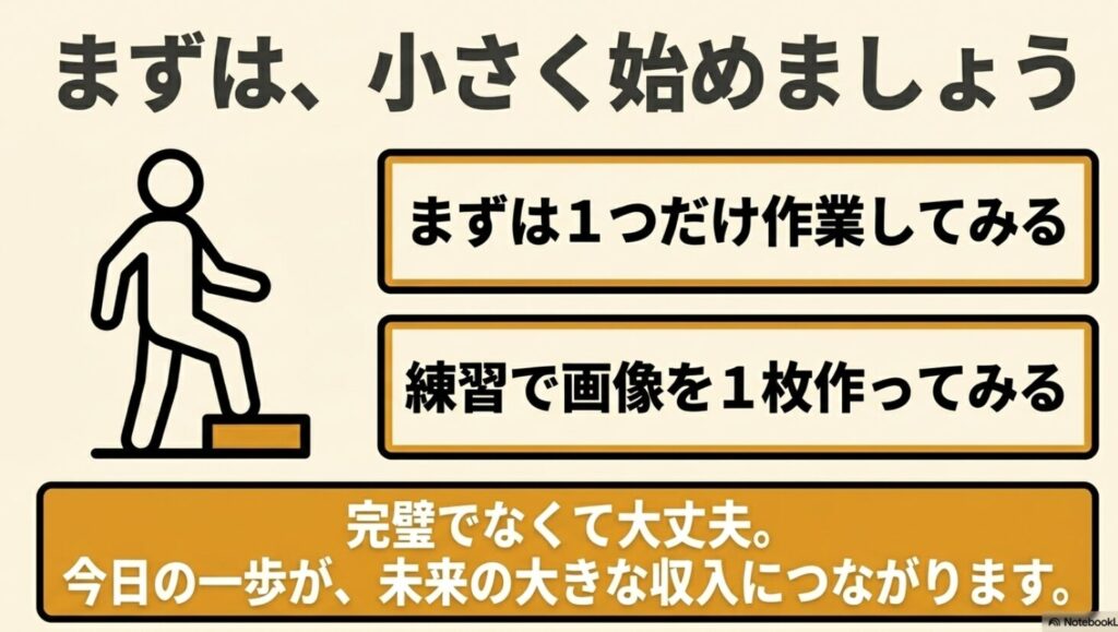 iPadでできる副業は?初心者におすすめをYUMIの体験談で解説 : まずは小さく始める。1つだけ作業してみる、練習で画像を1枚作ってみるなど、完璧でなくても今日の一歩が未来の大きな収入につながるというメッセージ 。