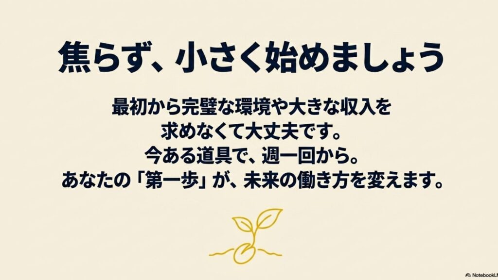 【iPadで副業】データ入力の完全在宅ガイドと失敗しない選び方 : 最初から完璧な環境や大きな収入を求めず、今ある道具で週一回から焦らず小さく始めることを促すスライド画像
