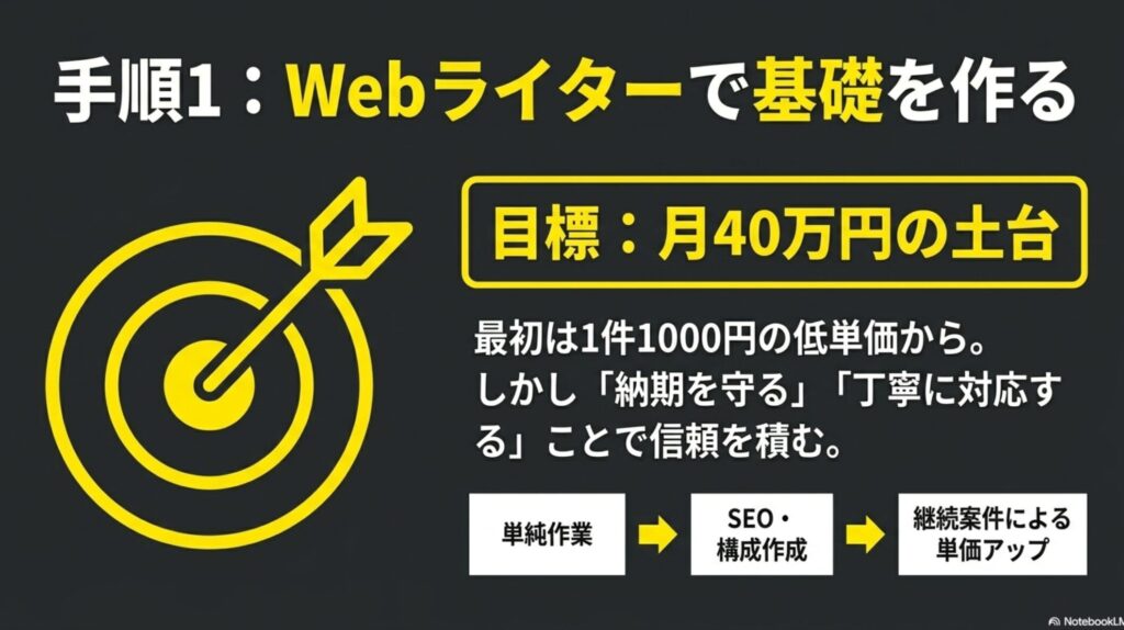 【絶望】20代後半でフリーランスを始めた現実を実体験で解説 : 的の中心を射抜く矢のイラスト。目標月40万円の土台として、低単価から信頼を積み単価アップを狙う手順1