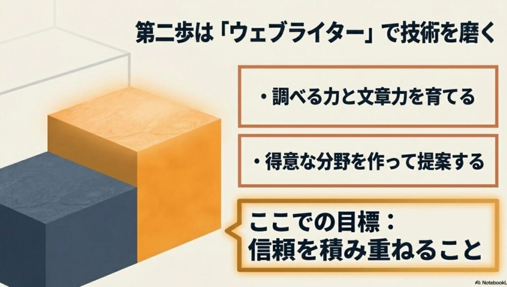 在宅ワークのメリットとデメリットを筆者の体験談から徹底解説 : 第二歩はウェブライターで技術を磨く 。調べる力と文章力を育て 、得意分野を作って提案する 。信頼を積み重ねることを目標とする手順 。