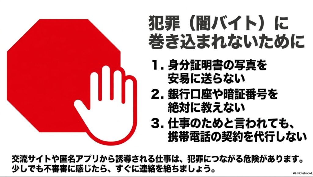 データ入力の時給が高いのはなぜ?給料の現実と稼ぎ方を解説 : 犯罪(闇バイト)に巻き込まれないために。身分証明書の写真を安易に送らない、銀行口座や暗証番号を絶対に教えない、仕事のためと言われても携帯電話の契約を代行しない。少しでも不審に感じたらすぐに連絡を絶ちましょう。
