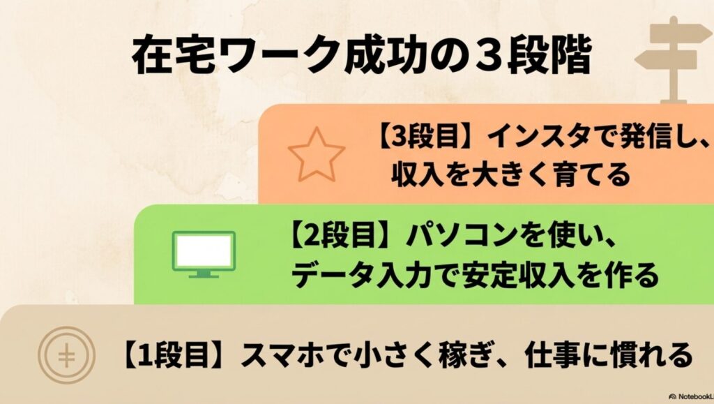 在宅ワークを主婦がデータ入力から未経験で開始│スマホの体験談 : スマホで小さく稼ぐ、パソコンで安定収入を作る、インスタで大きく育てるという在宅ワーク成功の3段階ロードマップ