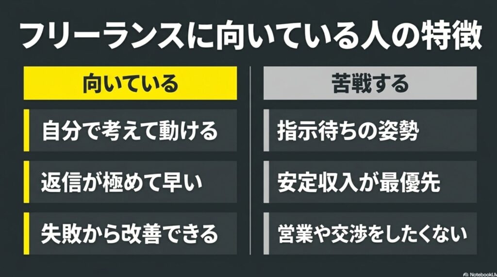 【絶望】20代後半でフリーランスを始めた現実を実体験で解説 : 自分で動ける人や返信が早い人などフリーランスに向いている人と、指示待ちや安定最優先など苦戦する人の特徴比較表