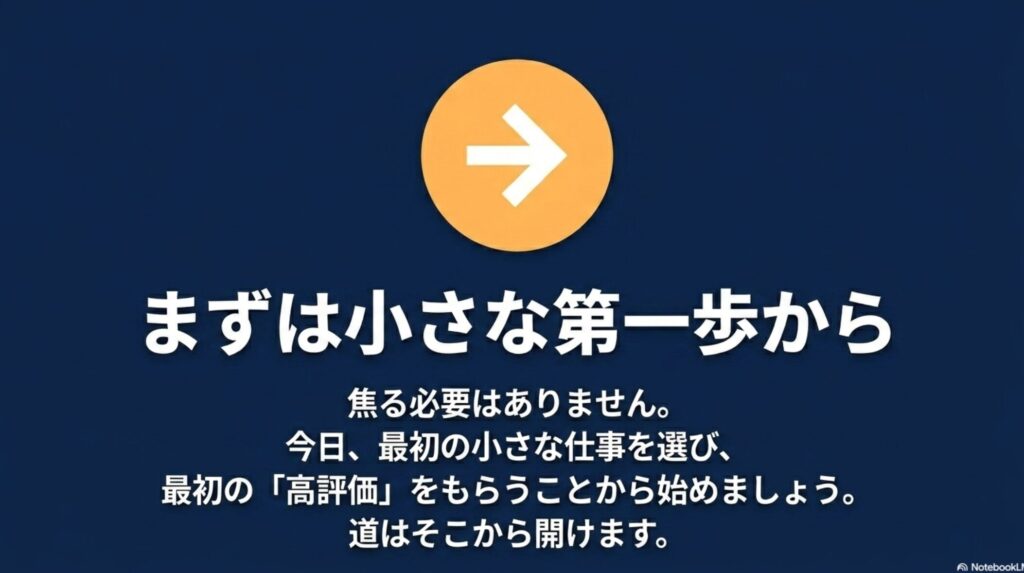 在宅ワークはスキルなしも可能?未経験におすすめの誰でもできる仕事 : 焦る必要はなく、今日、最初の小さな仕事を選び、最初の高評価をもらうことから始めようという読者の背中を押すメッセージ。