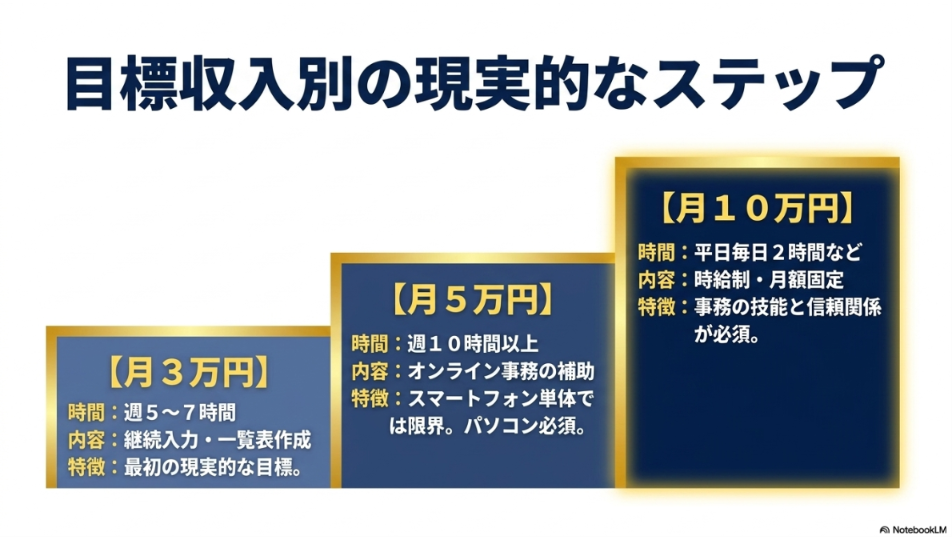 データ入力のバイトをやってみた│副業で月10万稼げない理由と対策：データ入力の目標収入別ステップ。月3万円は週5〜7時間の継続入力、月5万円はパソコン必須で週10時間以上の事務補助、月10万円は平日毎日2時間で時給制の事務技能が必要