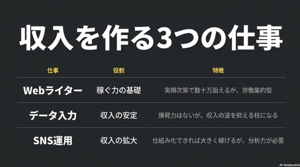 【絶望】20代後半でフリーランスを始めた現実を実体験で解説 : Webライター、データ入力、SNS運用のそれぞれの役割と特徴をまとめた表