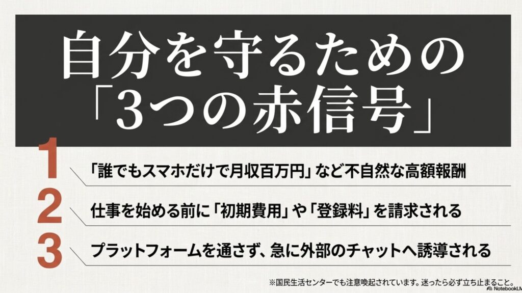 在宅ワークできる仕事は何がある？おすすめ職種と仕事内容 : 不自然な高額報酬、初期費用や登録料の請求、外部チャットへの急な誘導という、自分を守るために避けるべき3つの赤信号を示した注意喚起のスライド 。