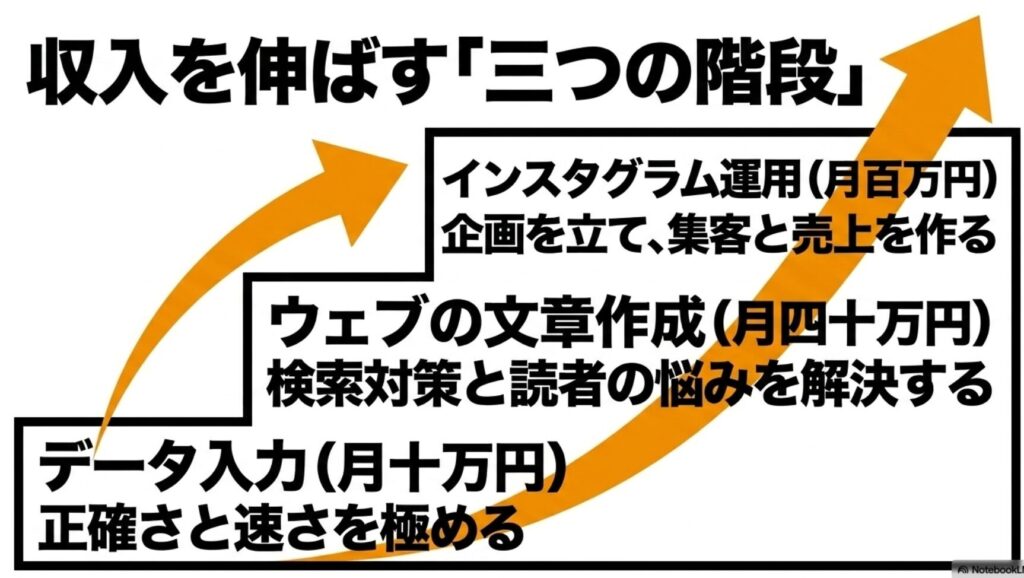 在宅ワークに向いてる人・向かない人を経験者が徹底解説 : 収入を伸ばす「三つの階段」として 、1段目は正確さと速さを極める月10万円のデータ入力 、2段目は検索対策と読者の悩みを解決する月40万円のウェブの文章作成 、3段目は企画を立てて集客と売上を作る月百万円のインスタグラム運用  であることを示した図。