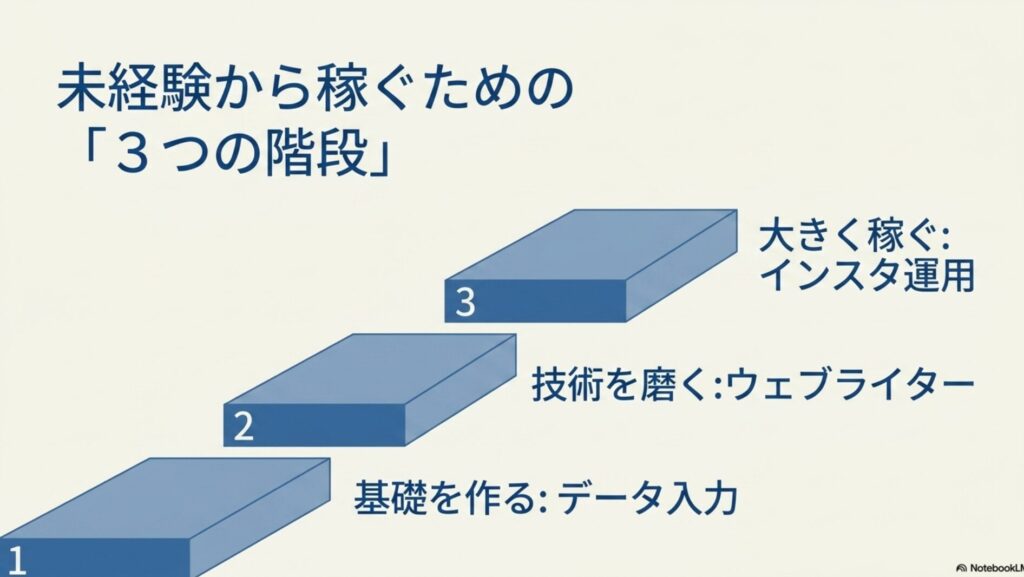 在宅ワークは羨ましいしずるい？出社組の本音と働く現実 : 未経験から在宅ワークで稼ぐためのステップとして、データ入力、ウェブライター、インスタ運用の3つの階段を示した全体図