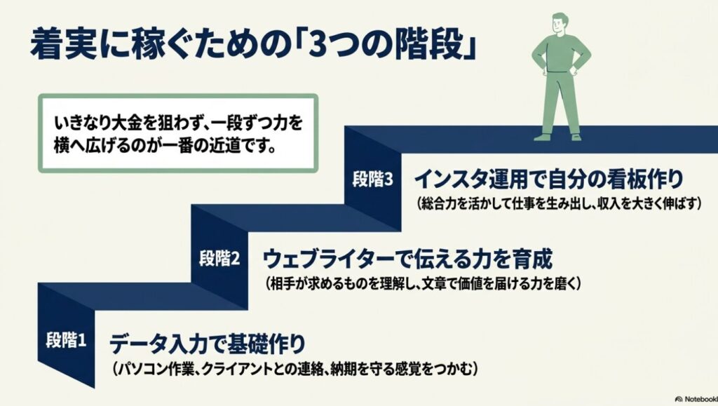 ノマドワーカーはやめとけ?現実と末路を経験者が本音で徹底解説 : 段階1のデータ入力で基礎を作り、段階2のウェブライターで伝える力を育成し、段階3のインスタ運用で自分の看板を作るという3つの階段の図