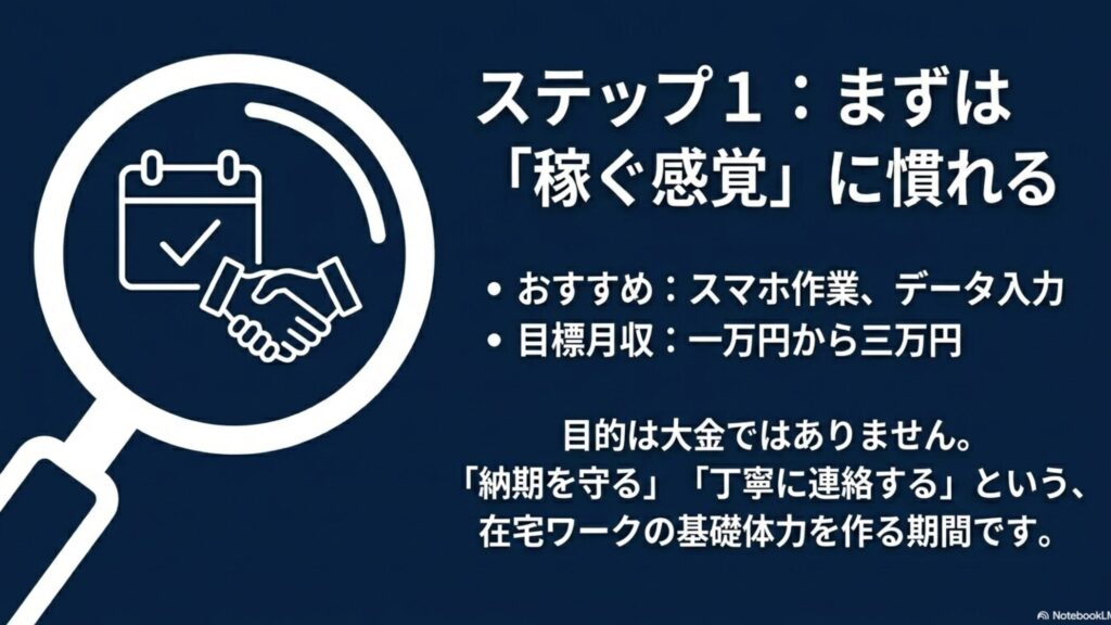 在宅ワークはスキルなしも可能?未経験におすすめの誰でもできる仕事 : ステップ1「慣れる(スマホ・データ入力)」、ステップ2「学ぶ(ウェブ記事作成)」、ステップ3「提案する(インスタ運用)」という3つの段階を示す図。