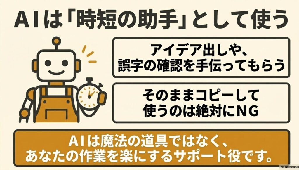 iPadでできる副業は?初心者におすすめをYUMIの体験談で解説 : AIは魔法の道具ではなく、作業を楽にする時短の助手。アイデア出しや誤字確認に使い、そのままコピーして使うのは絶対にNGという注意喚起 。