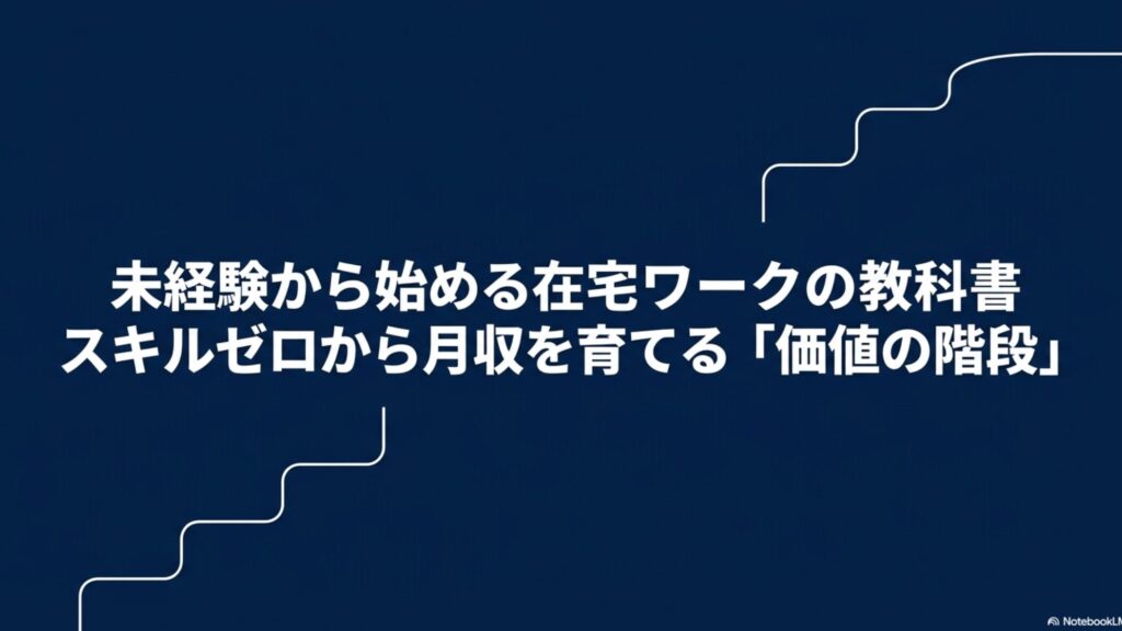 在宅ワークはスキルなしも可能？未経験におすすめの誰でもできる仕事 : 未経験から始める在宅ワークの教科書。スキルゼロから月収を育てる「価値の階段」を示すタイトルスライド。