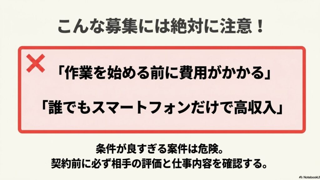 データ入力とはどんな仕事内容?何をする仕事か体験談で解説 : データ入力の怪しい募集に注意。「作業を始める前に費用がかかる」「誰でもスマートフォンだけで高収入」など、条件が良すぎる案件は危険。