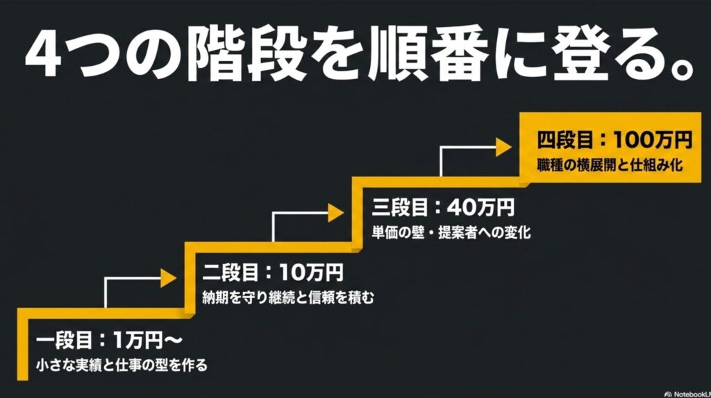 フリーランスで月100万を達成する現実ロードマップ : ウェブライターが作業量だけで月40万円を稼ごうとすると「量の限界」が来ることを示す壁の図