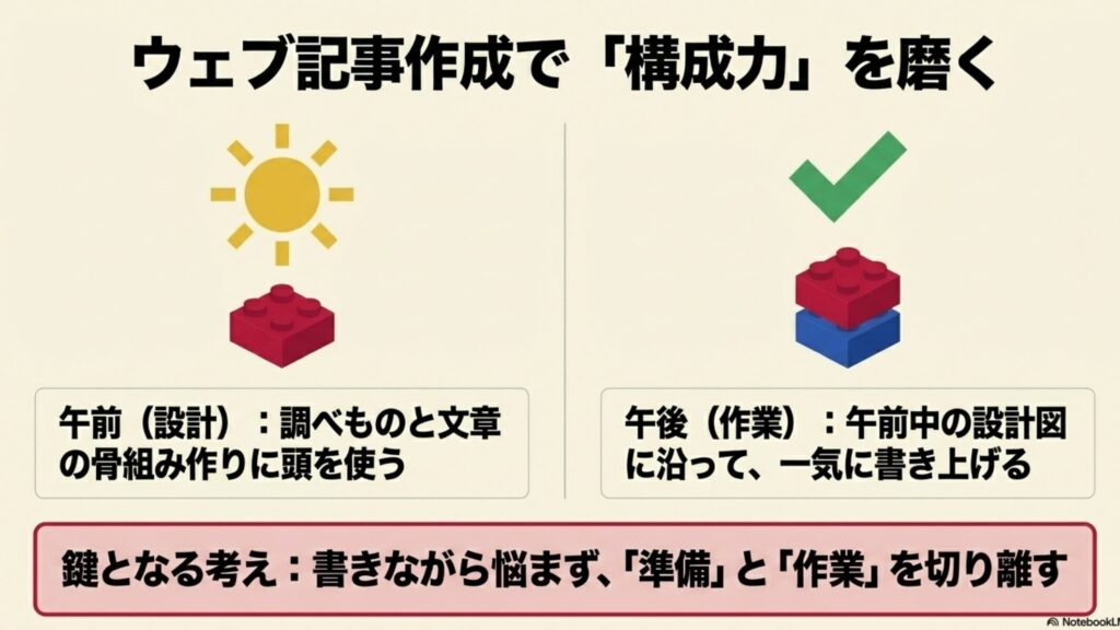フリーランスの1日のスケジュール実例と収入アップ術 : ウェブ記事作成の構成力を磨くコツ。午前中に構成を作り、午後に執筆作業をする時間配分