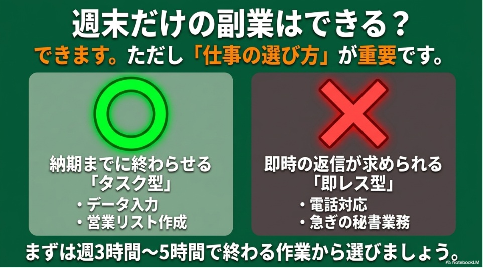 オンライン事務とは?副業未経験の仕事内容:即時の返信が求められる即レス型は避け、納期までに終わらせるタスク型を選ぶなど、週末だけの副業における仕事選びのポイント