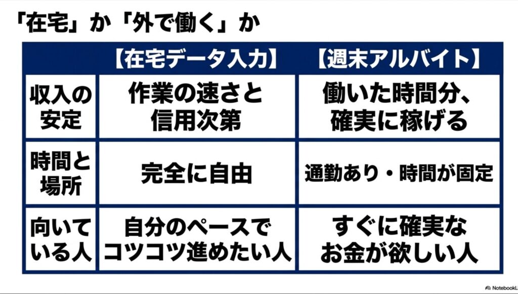 月3万・月5万を狙う副業│データ入力をスマホのみで在宅の隙間時間に : 在宅データ入力と外で働く週末アルバイトの収入安定度や時間と場所の比較表
