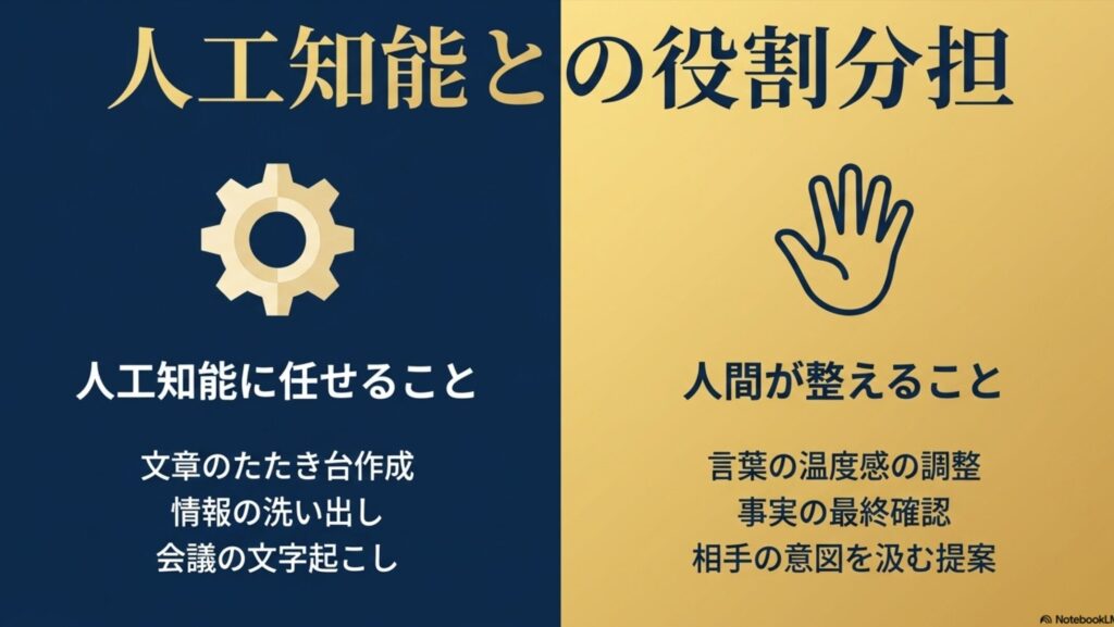 オンライン秘書の将来性と需要をAI時代の副業目線で解説 : 人工知能との役割分担について、AIに任せることと人間が整えることを比較したスライド
