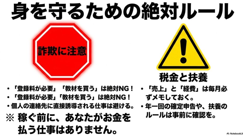 在宅ワークは資格なし主婦でも始められる！稼ぎ方ガイド : 「身を守るための絶対ルール 詐欺に注意」として、登録料や教材費の要求、個人LINEへの直接誘導を避けること、そして売上・経費のメモや税金・扶養ルールの事前確認を促すスライド画像。